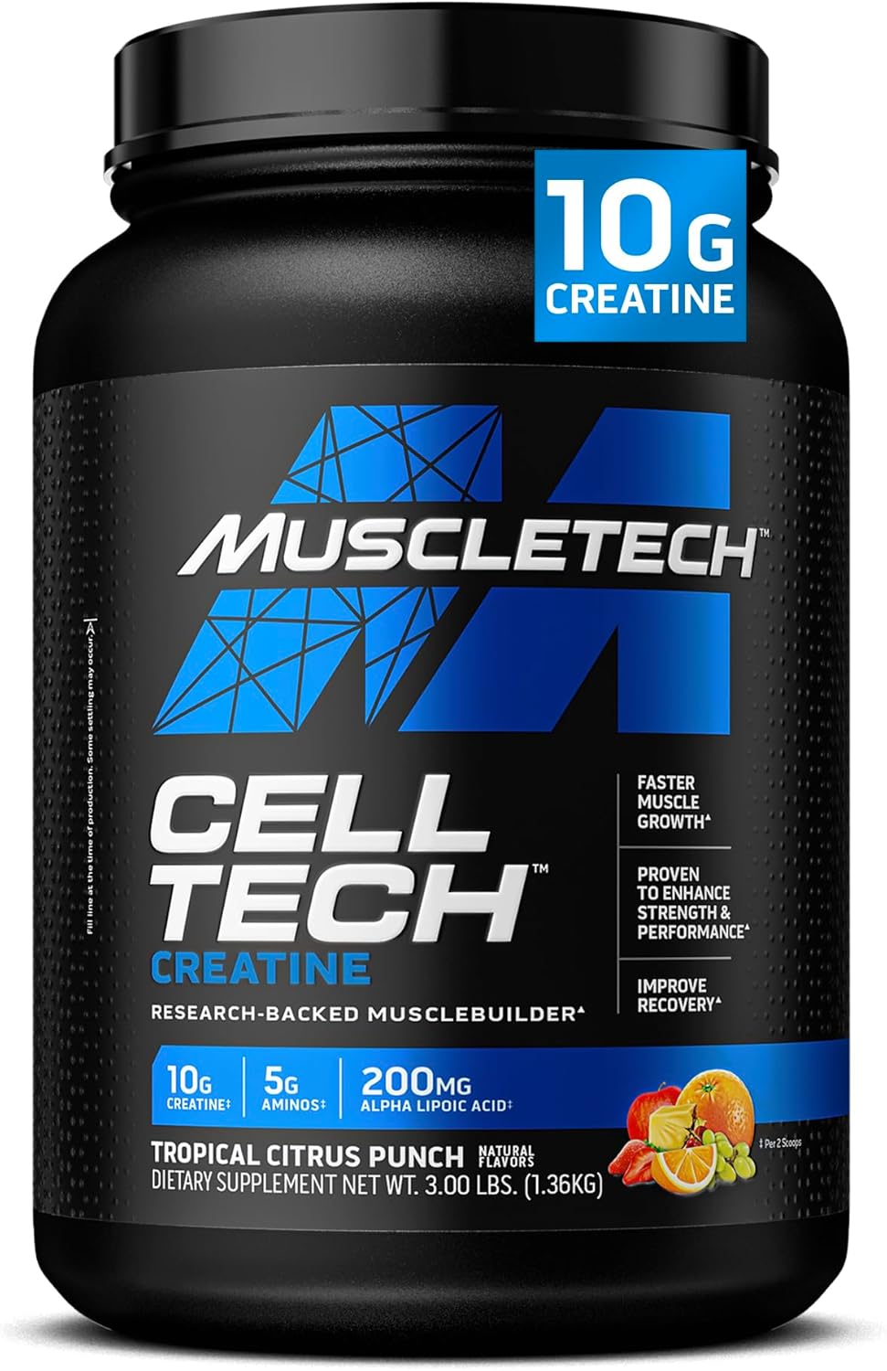 MuscleTech Cell-Tech Creatine Powder for Post-Workout Recovery - Muscle Builder Supplement for Men & Women - Tropical Citrus Punch Flavor - 3 lbs (27 Servings)