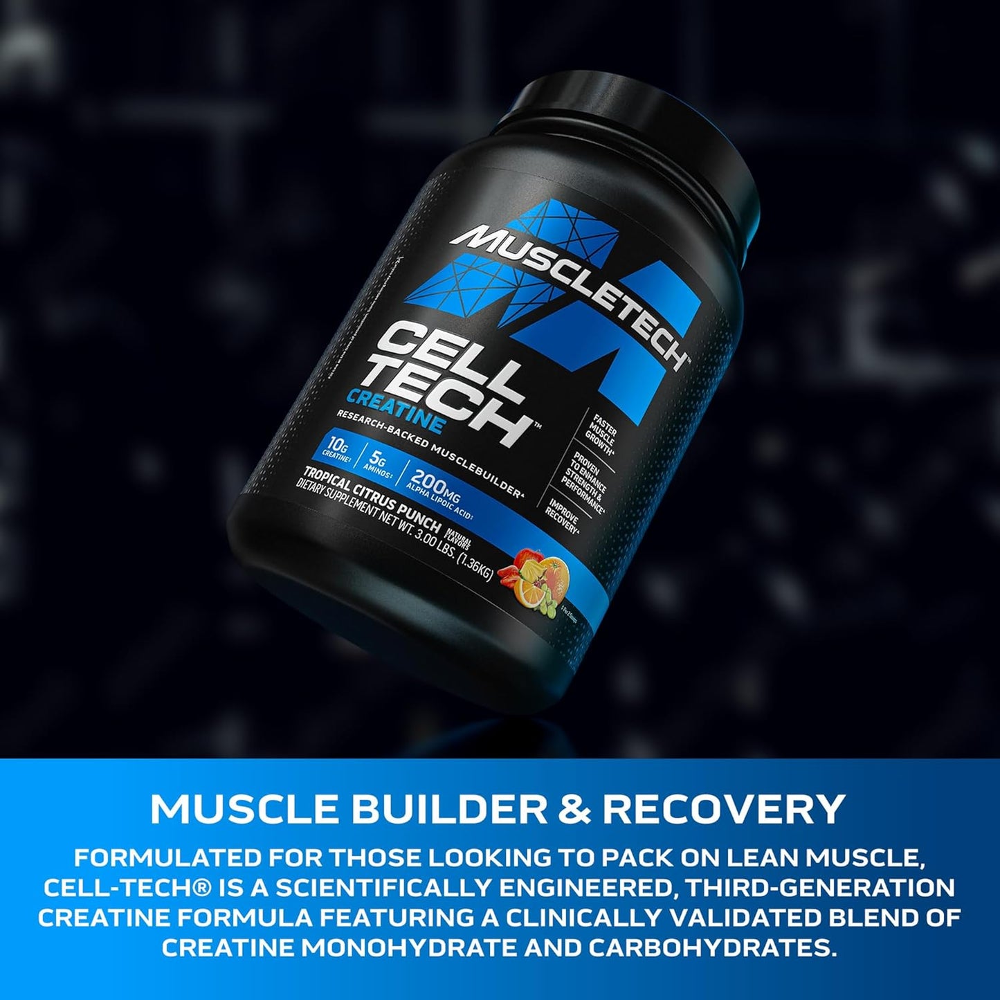 MuscleTech Cell-Tech Creatine Powder for Post-Workout Recovery - Muscle Builder Supplement for Men & Women - Tropical Citrus Punch Flavor - 3 lbs (27 Servings)