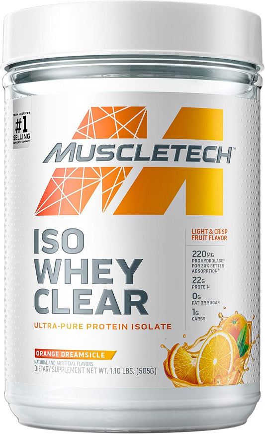 MuscleTech Clear Whey Protein Isolate Powder - Orange Dreamsicle Flavor - 22g Protein, 90 Calories - For Men & Women - 1.1lb (19 Servings)
