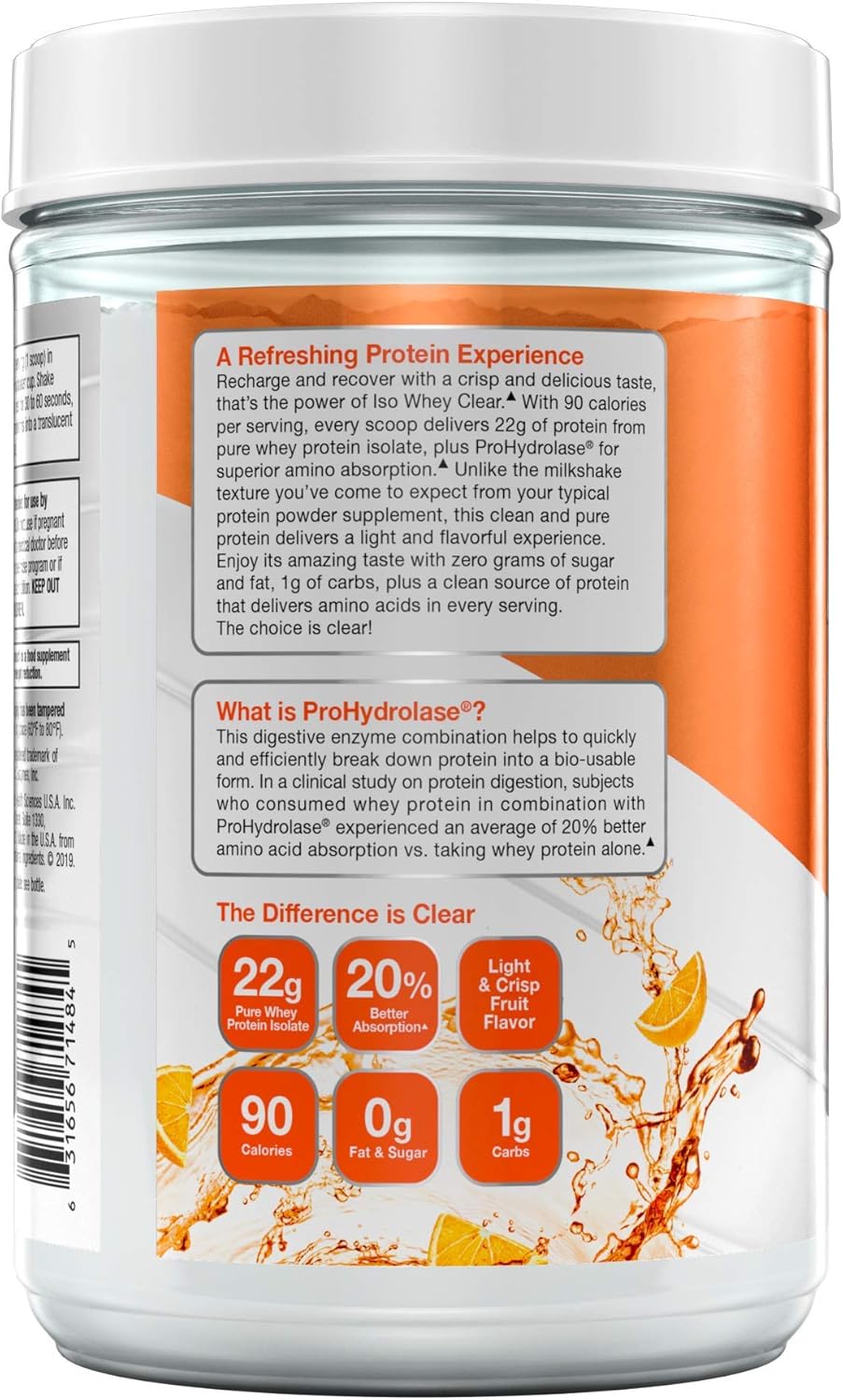 MuscleTech Clear Whey Protein Isolate Powder - Orange Dreamsicle Flavor - 22g Protein, 90 Calories - For Men & Women - 1.1lb (19 Servings)