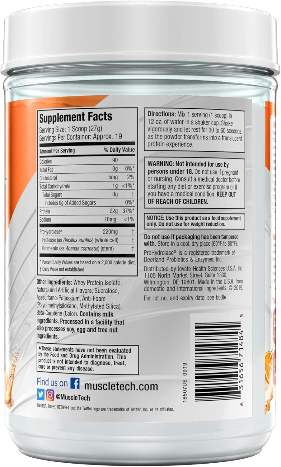 MuscleTech Clear Whey Protein Isolate Powder - Orange Dreamsicle Flavor - 22g Protein, 90 Calories - For Men & Women - 1.1lb (19 Servings)