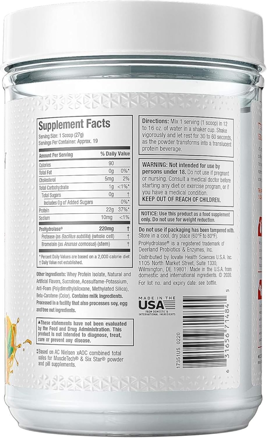 MuscleTech Clear Whey Protein Isolate Powder - Orange Dreamsicle Flavor - 22g Protein, 90 Calories - For Men & Women - 1.1lb (19 Servings)