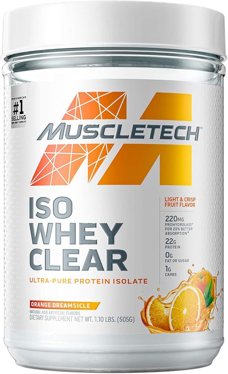 MuscleTech Clear Whey Protein Isolate Powder - Orange Dreamsicle Flavor - 22g Protein, 90 Calories - For Men & Women - 1.1lb (19 Servings)