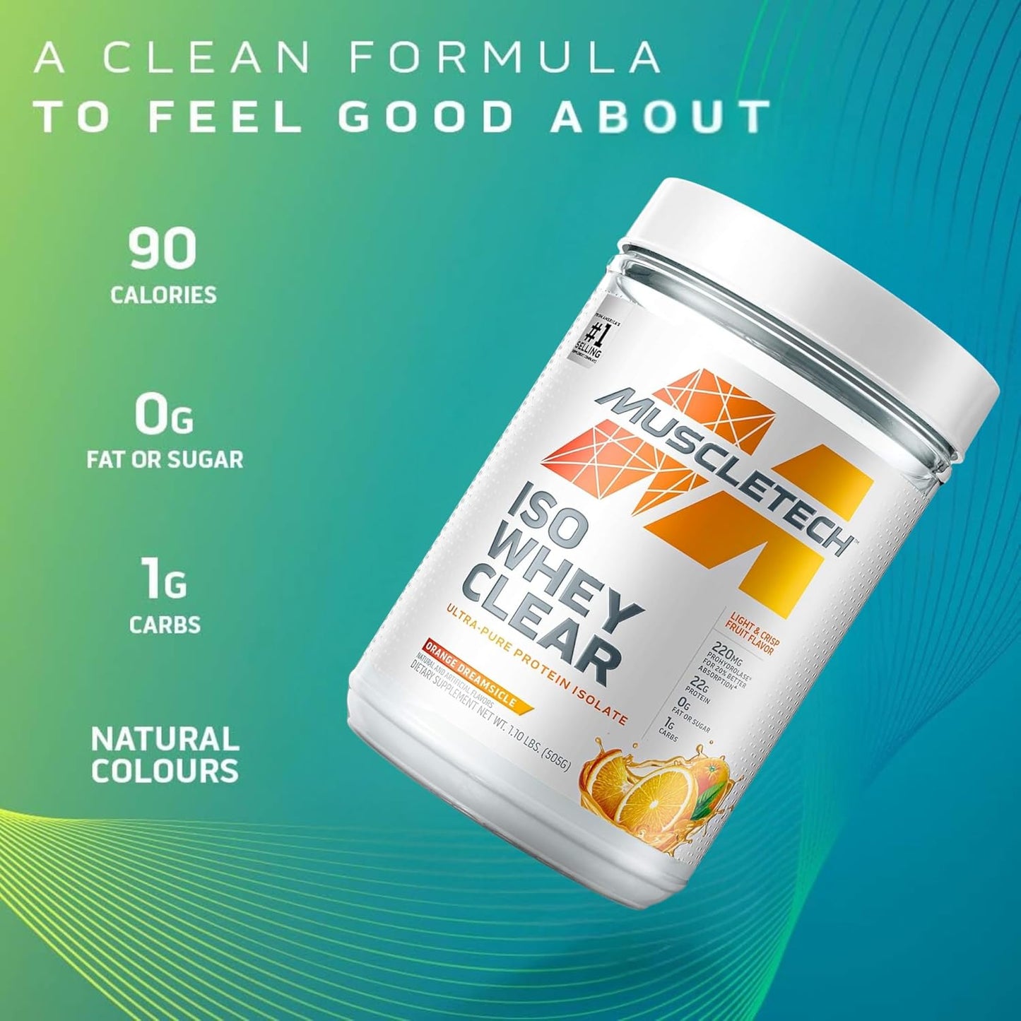 MuscleTech Clear Whey Protein Isolate Powder - Orange Dreamsicle Flavor - 22g Protein, 90 Calories - For Men & Women - 1.1lb (19 Servings)