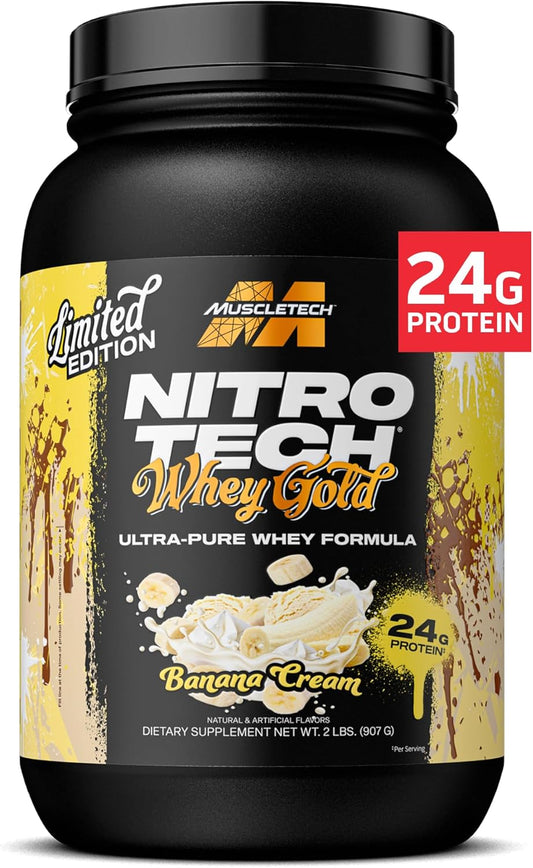 MuscleTech Nitro-Tech Whey Protein Isolate Smoothie Mix (Banana Cream, 2LB) - 24g Whey Gold Protein for Lean Muscle & Fast Recovery - Gluten-Free Formula for Women & Men