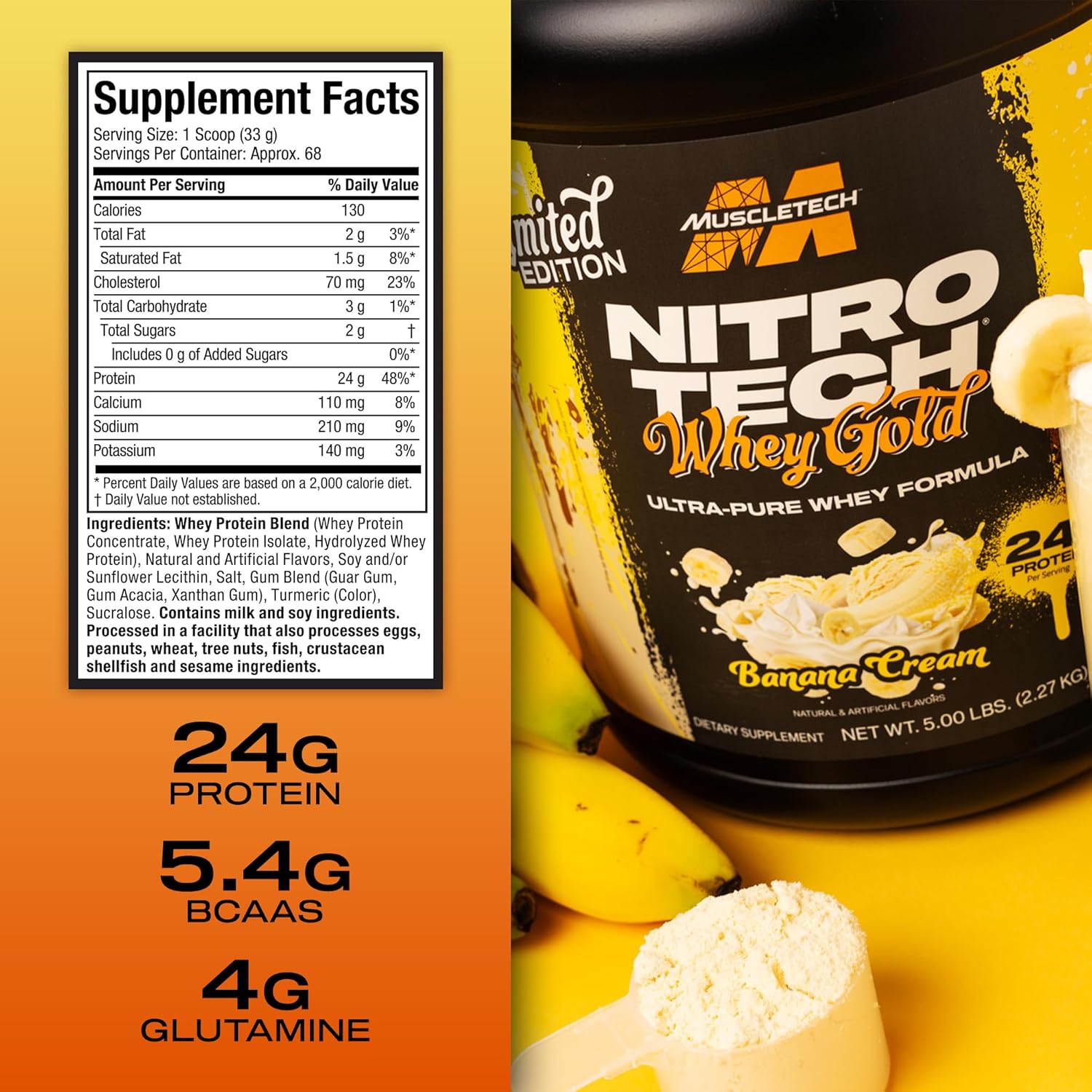 MuscleTech Nitro-Tech Whey Protein Isolate Smoothie Mix (Banana Cream, 2LB) - 24g Whey Gold Protein for Lean Muscle & Fast Recovery - Gluten-Free Formula for Women & Men