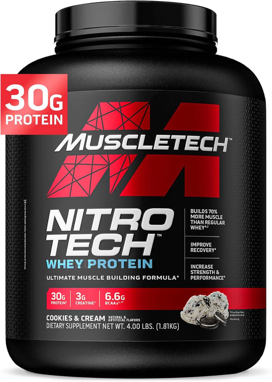 Muscletech Nitro-Tech Whey Protein Powder (Cookies & Cream, 4lb) - Muscle Building Formula with Whey Isolate, Peptides, Creatine, & BCAAs - 30g Protein
