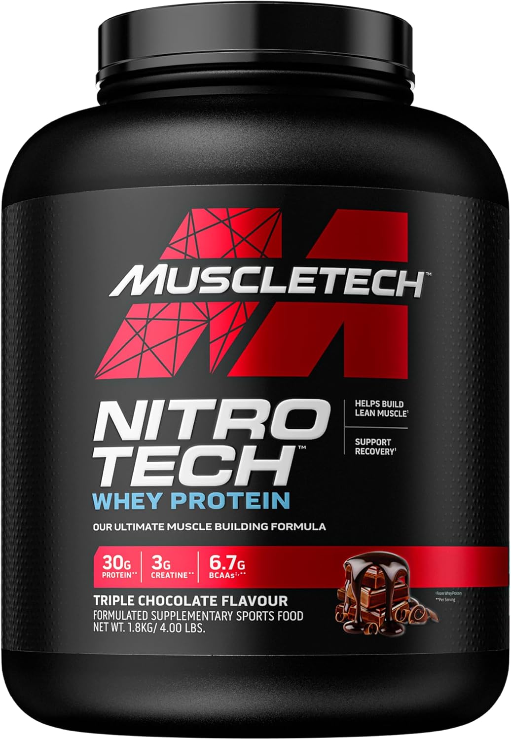Muscletech Nitro-Tech Whey Protein Powder in Milk Chocolate - 4lb with 30g Protein, 3g Creatine, 6.6g BCAA - Muscle Building Formula with Whey Protein Isolate & Peptides