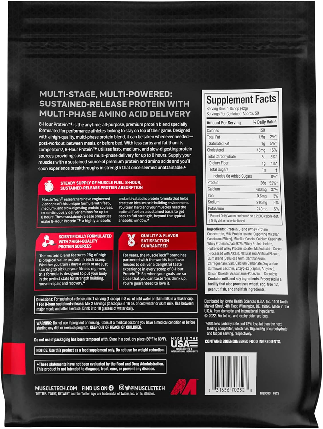 MuscleTech Phase8 Whey & Casein Protein Powder Blend, Chocolate Flavor, 4.6 lbs - 50 Servings, Slow-Release 8-Hour Muscle Builder for Men & Women