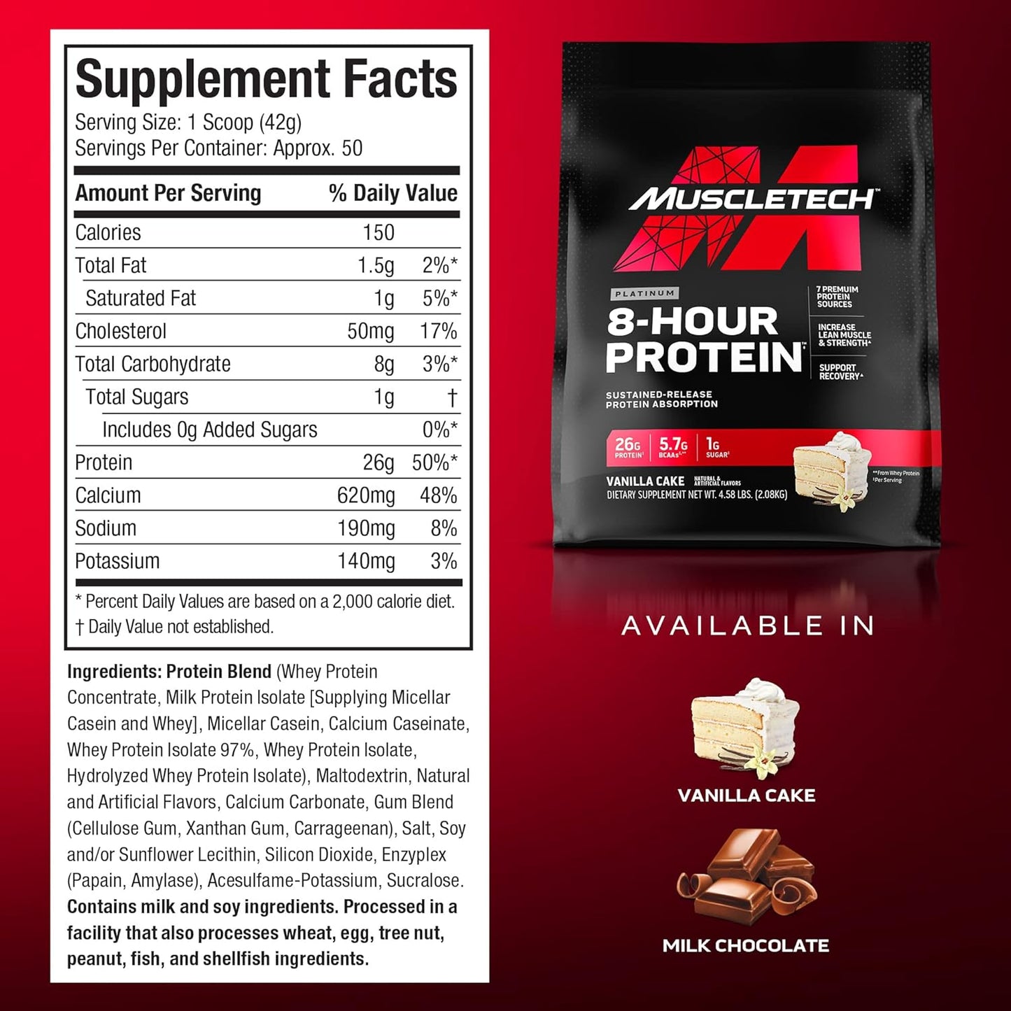 MuscleTech Phase8 Whey & Casein Protein Powder Blend, Chocolate Flavor, 4.6 lbs - 50 Servings, Slow-Release 8-Hour Muscle Builder for Men & Women