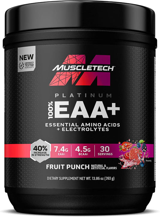 MuscleTech Platinum EAA+ Fruit Punch - Essential Amino Acids for Muscle Strength - Men & Women Workout Supplement - 13.8 oz, 30 Servings