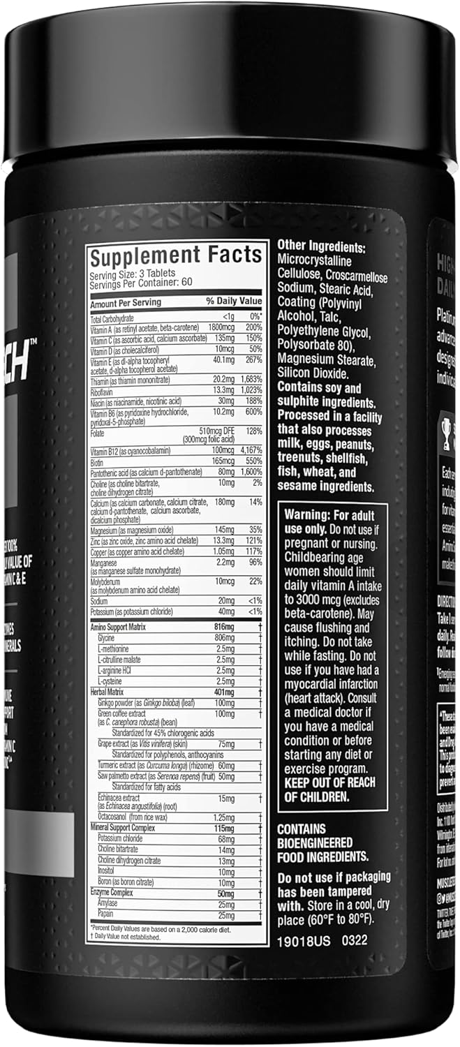 Muscletech Platinum Multivitamin Capsules for Men and Women - Immune Support with 18 Essential Vitamins and Minerals - Daily Workout Supplement - 180 Count