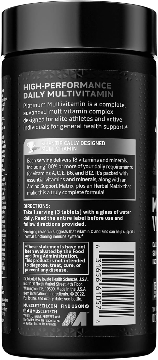 Muscletech Platinum Multivitamin Capsules for Men and Women - Immune Support with 18 Essential Vitamins and Minerals - Daily Workout Supplement - 180 Count