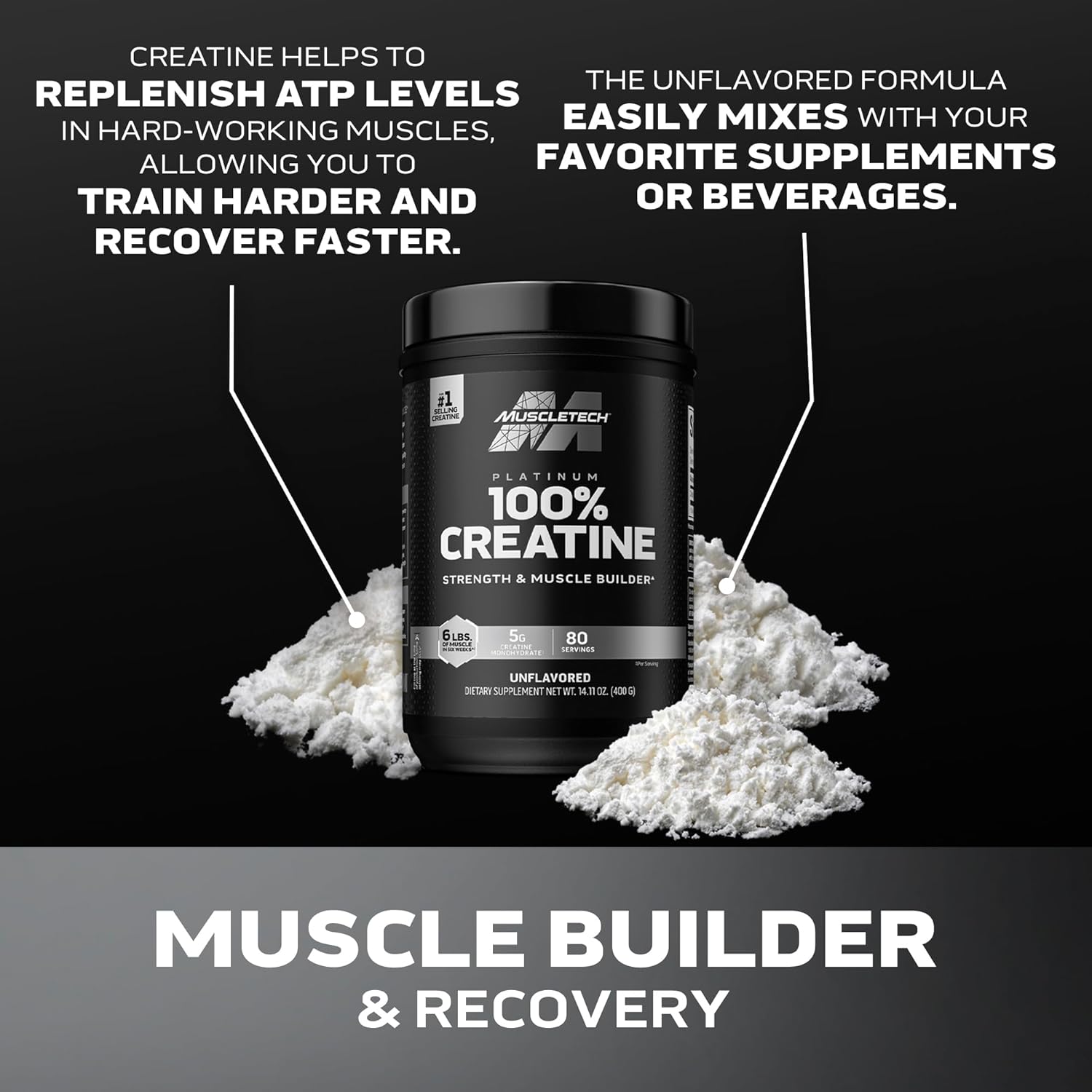 MuscleTech Platinum Pure Micronized Creatine Monohydrate Powder for Muscle Recovery and Building - Unflavored Workout Supplement (80 Servings)