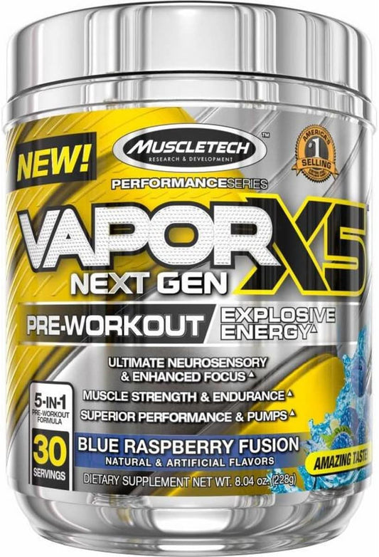 MuscleTech Vapor X5 Pre Workout Powder - Blue Raspberry Flavor - 30 Servings - for Men and Women - Sports Nutrition Energy Drink Mix