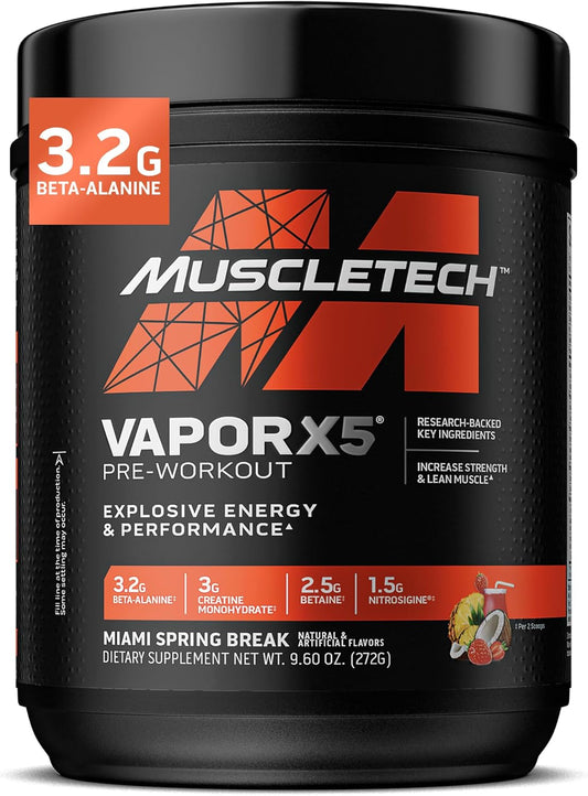 MuscleTech Vapor X5 Pre Workout Powder for Men & Women - Energy Drink Mix Sports Nutrition Pre-Workout - Miami Spring Break (30 Servings)