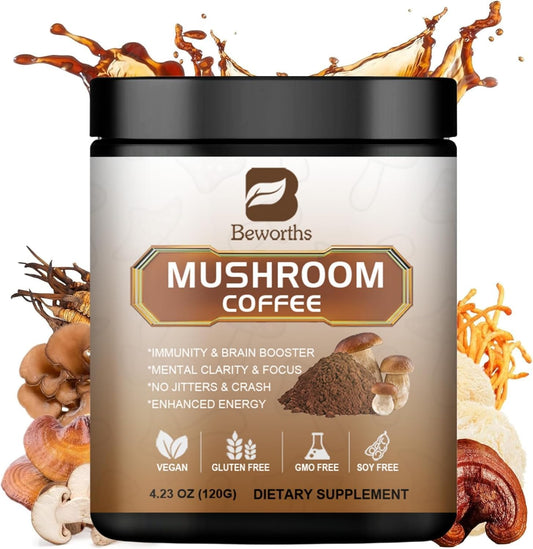 Mushroom Coffee Blend with Lions Mane, Reishi, Chaga, Cordyceps, and Turkey Tail - Instant Powder for Energy, Focus, Brain Boost - Chocolate Flavor