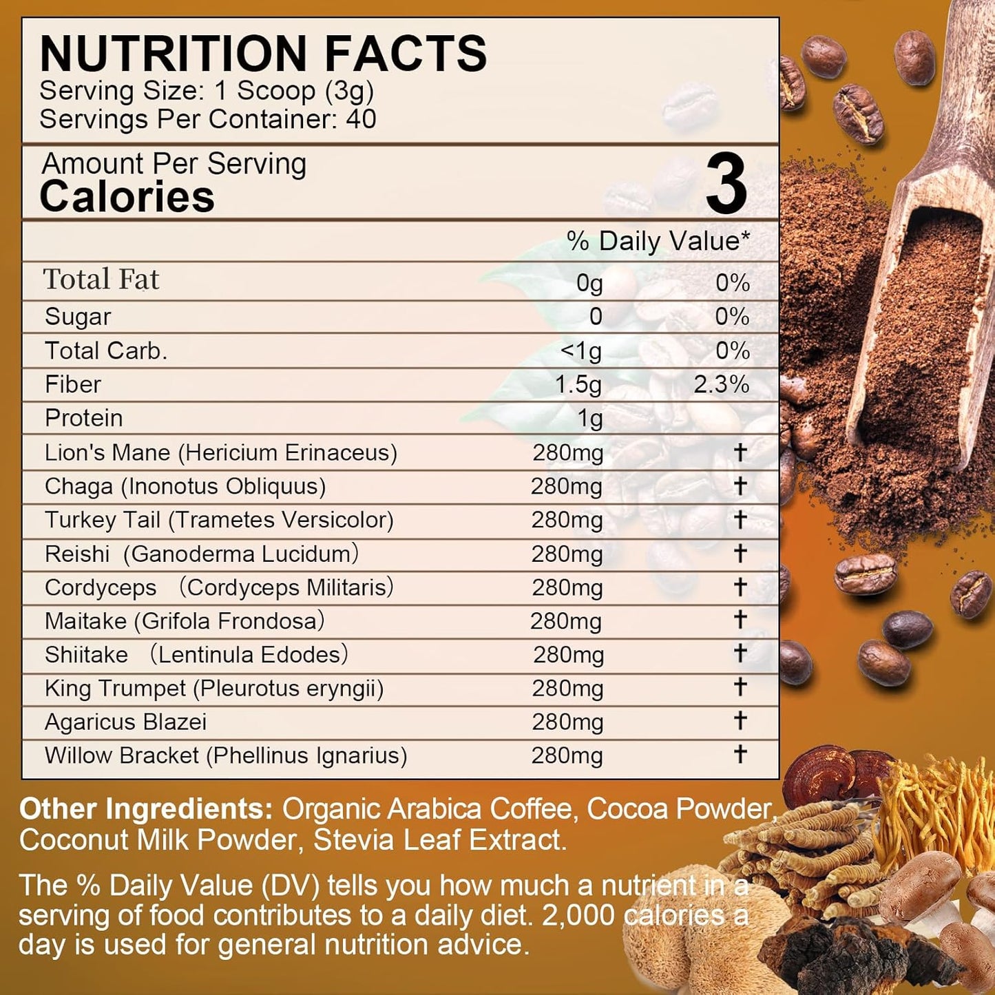 Mushroom Coffee Blend with Lions Mane, Reishi, Chaga, Cordyceps, and Turkey Tail - Instant Powder for Energy, Focus, Brain Boost - Chocolate Flavor