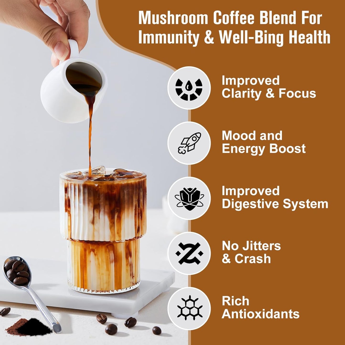 Mushroom Coffee Blend with Lions Mane, Reishi, Chaga, Cordyceps, and Turkey Tail - Instant Powder for Energy, Focus, Brain Boost - Chocolate Flavor
