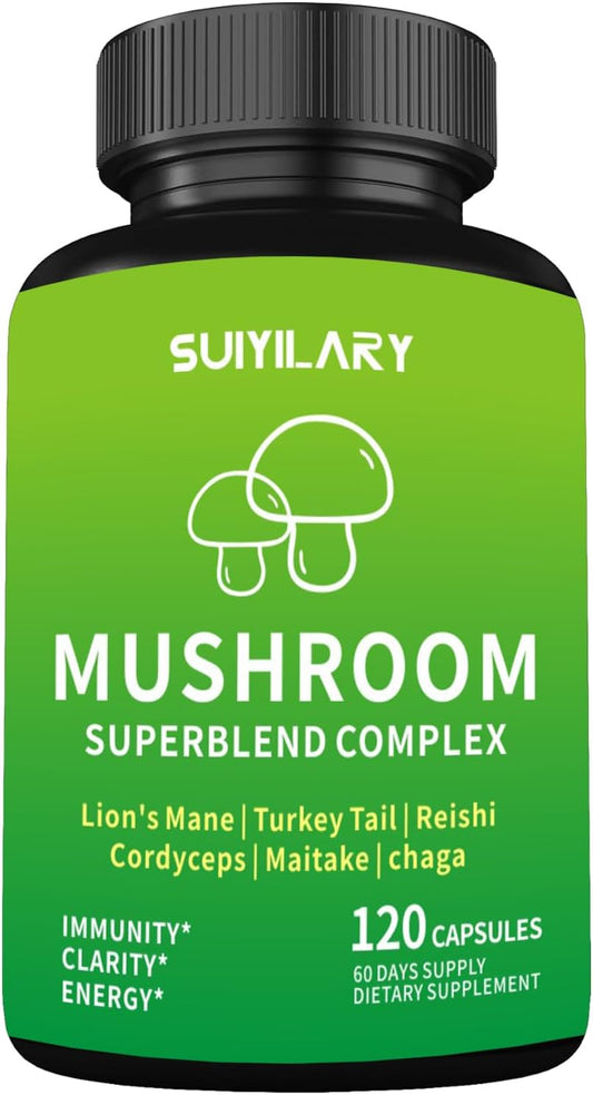 Mushroom Complex Capsules with Lions Mane, Cordyceps, Chaga, Reishi, Turkey Tail, Maitake, Brain Support Supplement for Memory and Focus - 60 Day Supply