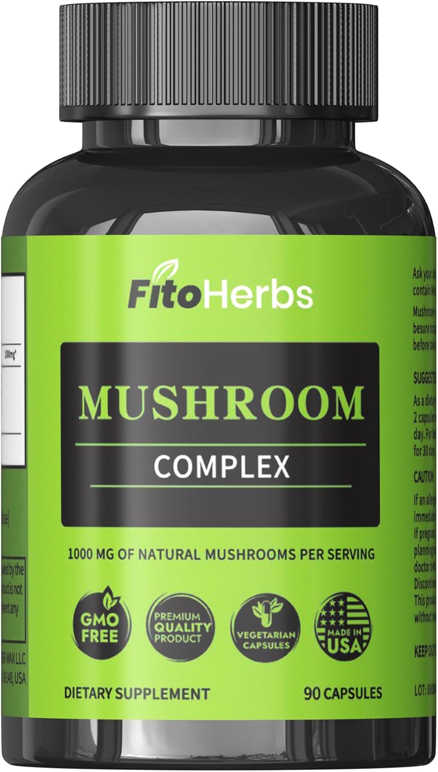 Mushroom Complex Supplement Capsules for Cognitive Improvement, Immune Support, and Energy Boost - 90 Capsules - FitoHerbs Blend of Shiitake, Lions Mane, Cordyceps, Turkey Tail, Maitake, Reishi, and Agaricus Mushrooms