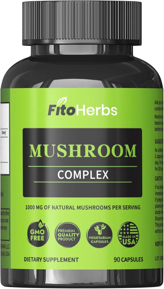 Mushroom Complex Supplement Capsules for Cognitive Improvement, Immune Support, and Energy Boost - 90 Capsules - FitoHerbs Blend of Shiitake, Lions Mane, Cordyceps, Turkey Tail, Maitake, Reishi, and Agaricus Mushrooms