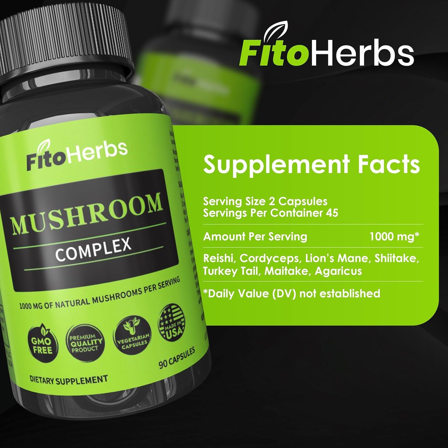 Mushroom Complex Supplement Capsules for Cognitive Improvement, Immune Support, and Energy Boost - 90 Capsules - FitoHerbs Blend of Shiitake, Lions Mane, Cordyceps, Turkey Tail, Maitake, Reishi, and Agaricus Mushrooms