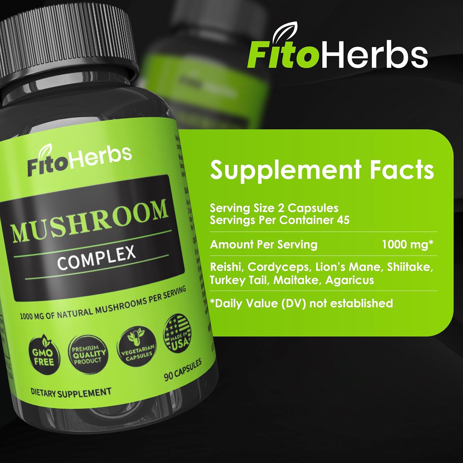 Mushroom Complex Supplement Capsules for Cognitive Improvement, Immune Support, and Energy Boost - 90 Capsules - FitoHerbs Blend of Shiitake, Lions Mane, Cordyceps, Turkey Tail, Maitake, Reishi, and Agaricus Mushrooms