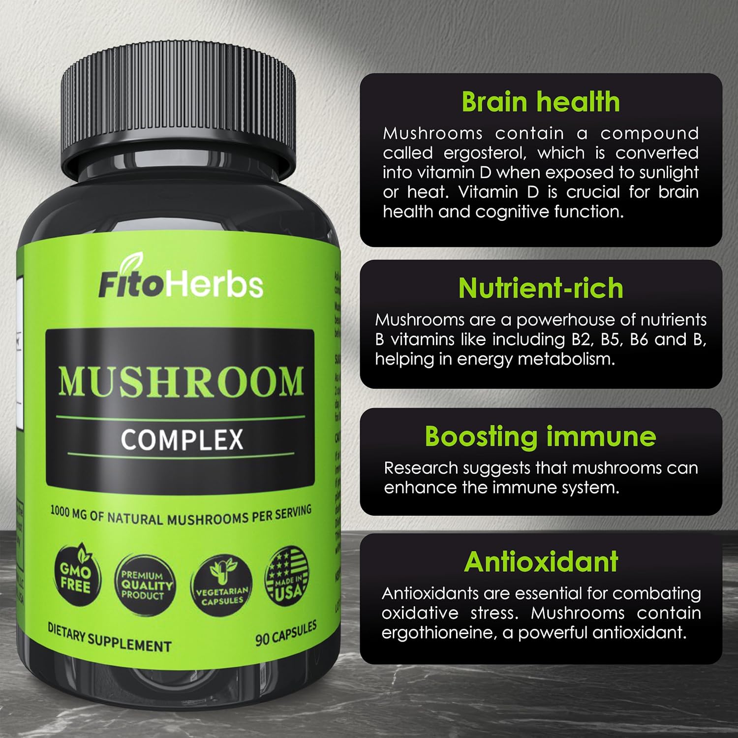 Mushroom Complex Supplement Capsules for Cognitive Improvement, Immune Support, and Energy Boost - 90 Capsules - FitoHerbs Blend of Shiitake, Lions Mane, Cordyceps, Turkey Tail, Maitake, Reishi, and Agaricus Mushrooms