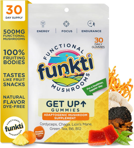 Mushroom Gummies for Adults with Lions Mane, Cordyceps, Chaga, B6, B12, Green Tea - Focus Supplement by Get Up Gummy