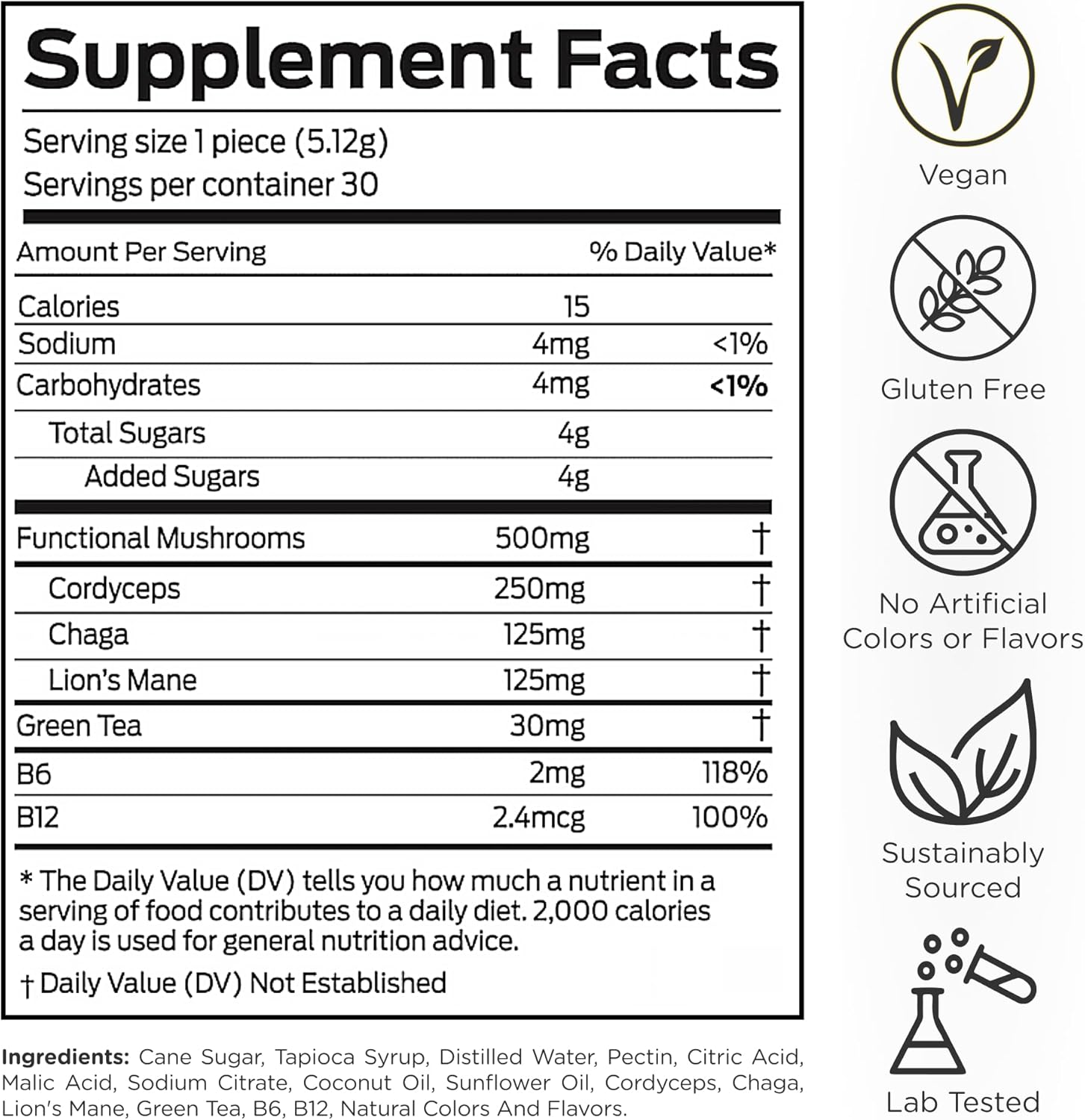 Mushroom Gummies for Adults with Lions Mane, Cordyceps, Chaga, B6, B12, Green Tea - Focus Supplement by Get Up Gummy
