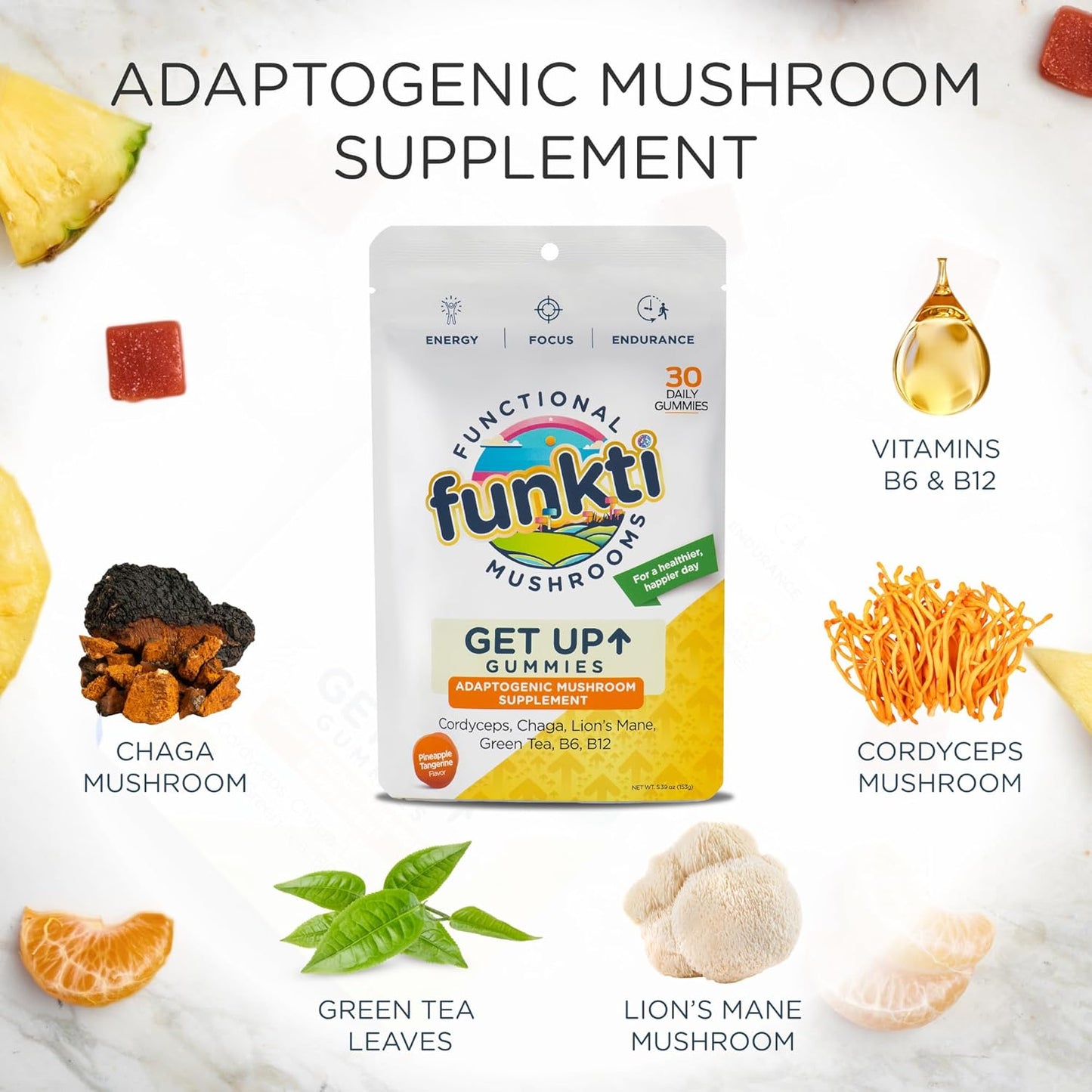 Mushroom Gummies for Adults with Lions Mane, Cordyceps, Chaga, B6, B12, Green Tea - Focus Supplement by Get Up Gummy