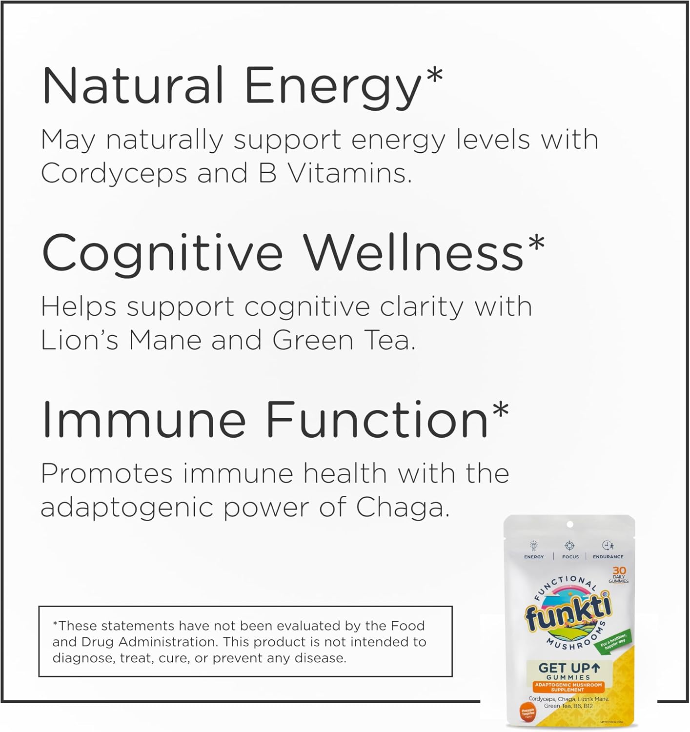 Mushroom Gummies for Adults with Lions Mane, Cordyceps, Chaga, B6, B12, Green Tea - Focus Supplement by Get Up Gummy