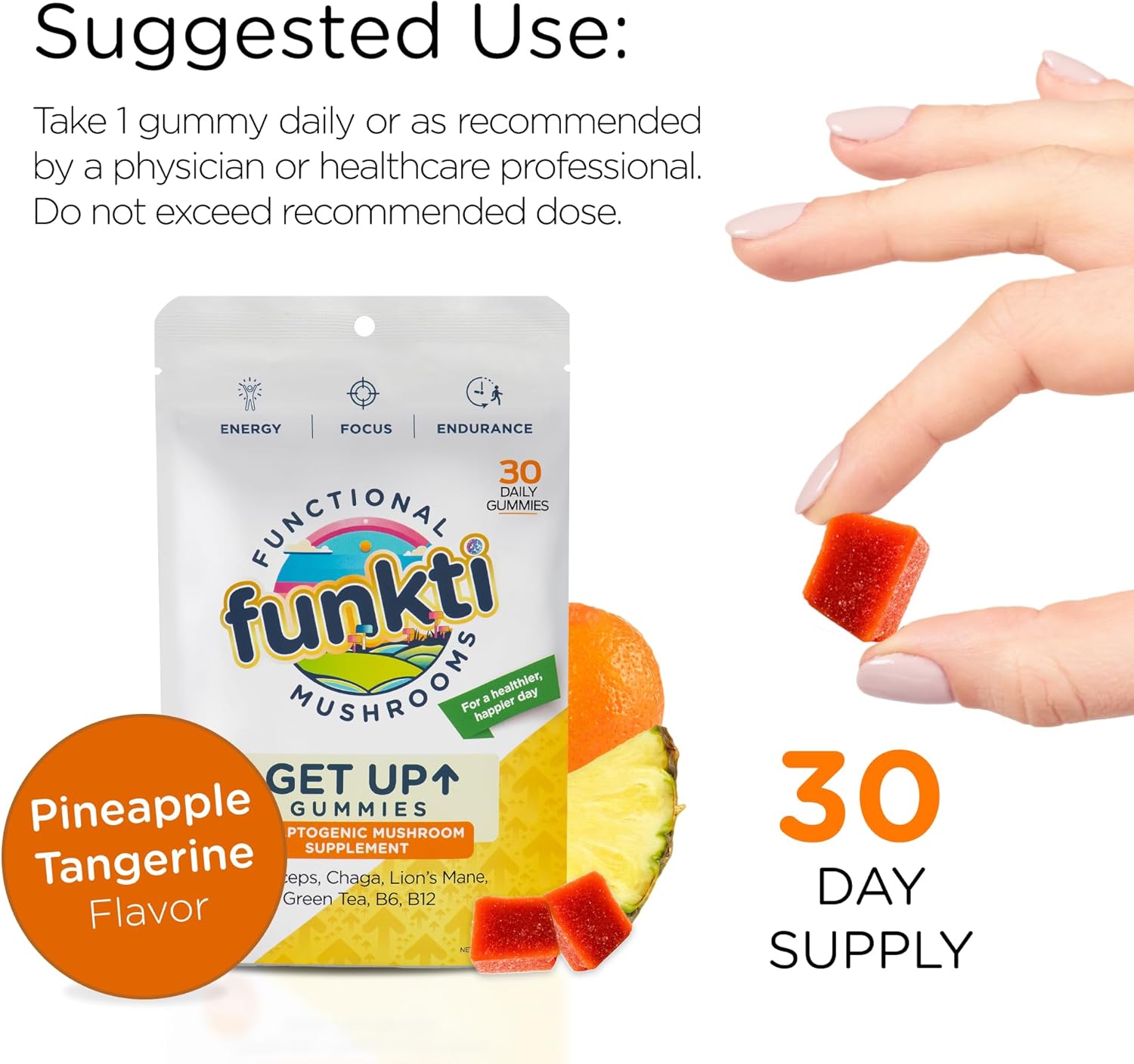 Mushroom Gummies for Adults with Lions Mane, Cordyceps, Chaga, B6, B12, Green Tea - Focus Supplement by Get Up Gummy