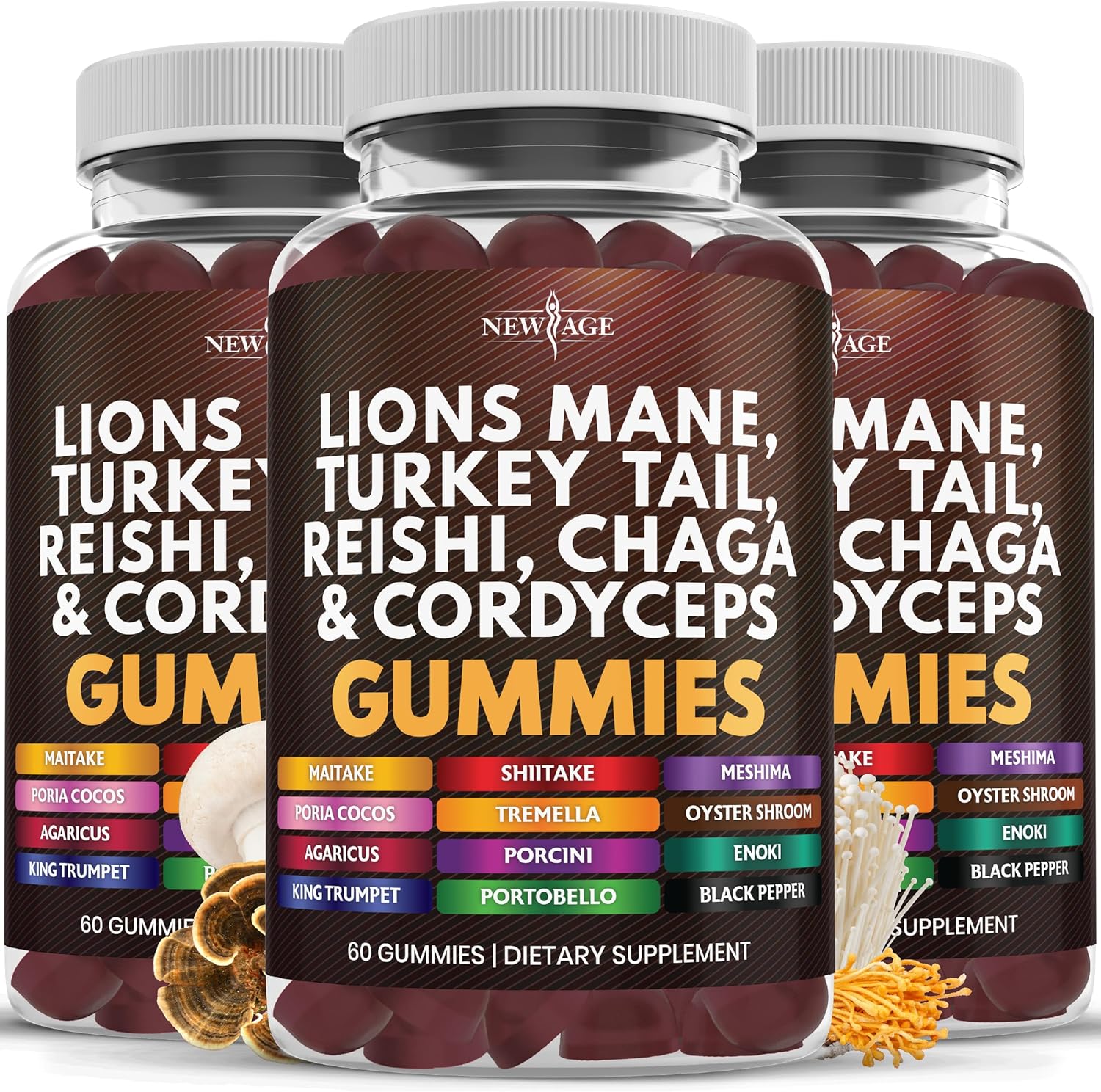 Mushroom Lion's Mane Gummies with Reishi and Cordyceps - 180 Count, New Age Comprehensive Supplement