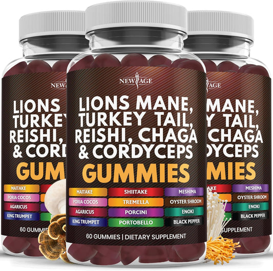 Mushroom Lion's Mane Gummies with Reishi and Cordyceps - 180 Count, New Age Comprehensive Supplement