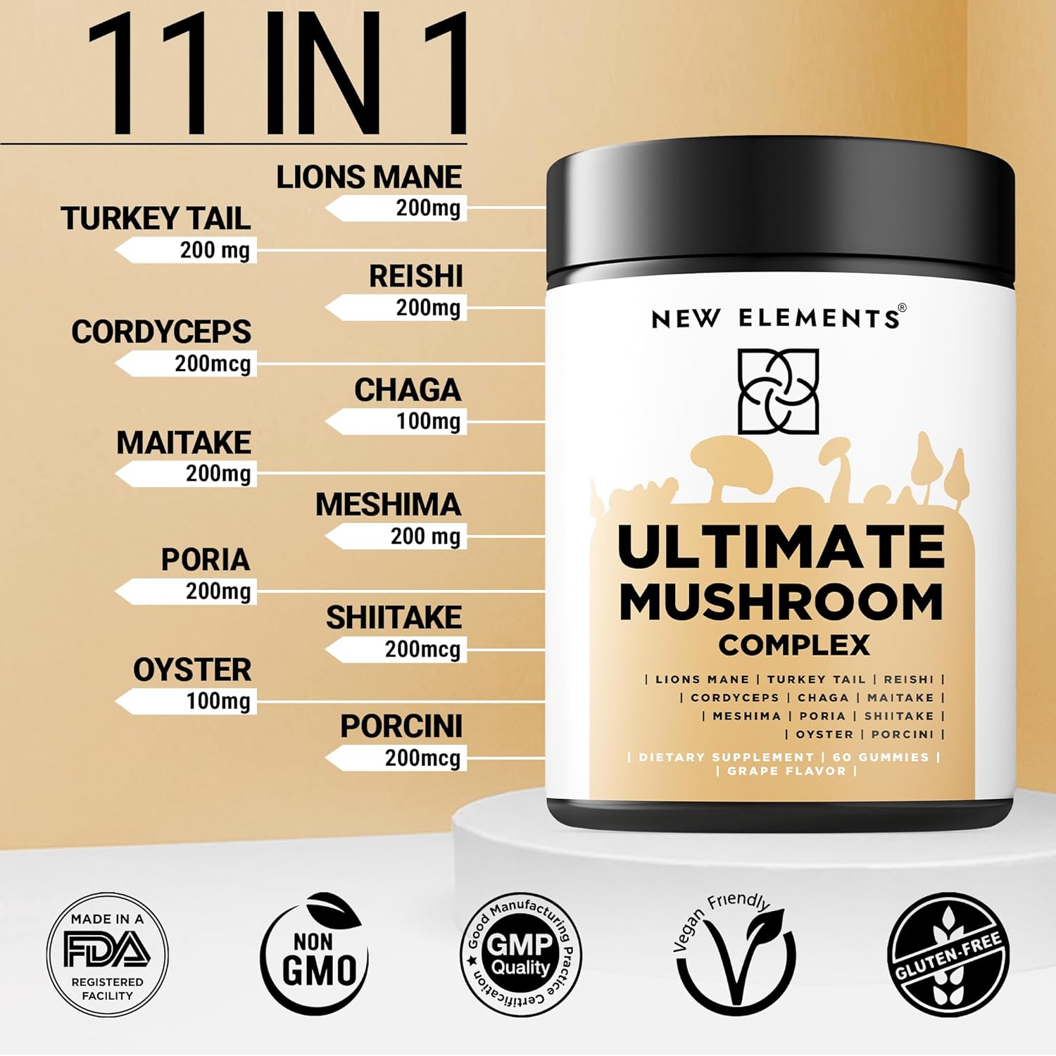 Mushroom Supplement Gummies with Lion's Mane, Reishi, and More - Vegan and Non-GMO