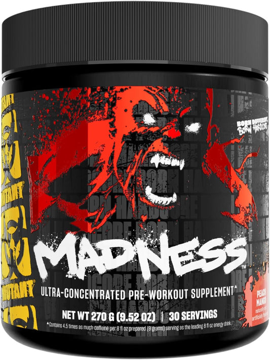 Mutant Madness Pre Workout Powder Supplement with L-Citrulline, Beta-Alanine, Taurine, L-Tyrosine for Performance and Pump - Peach Mango Flavor - 30 Servings
