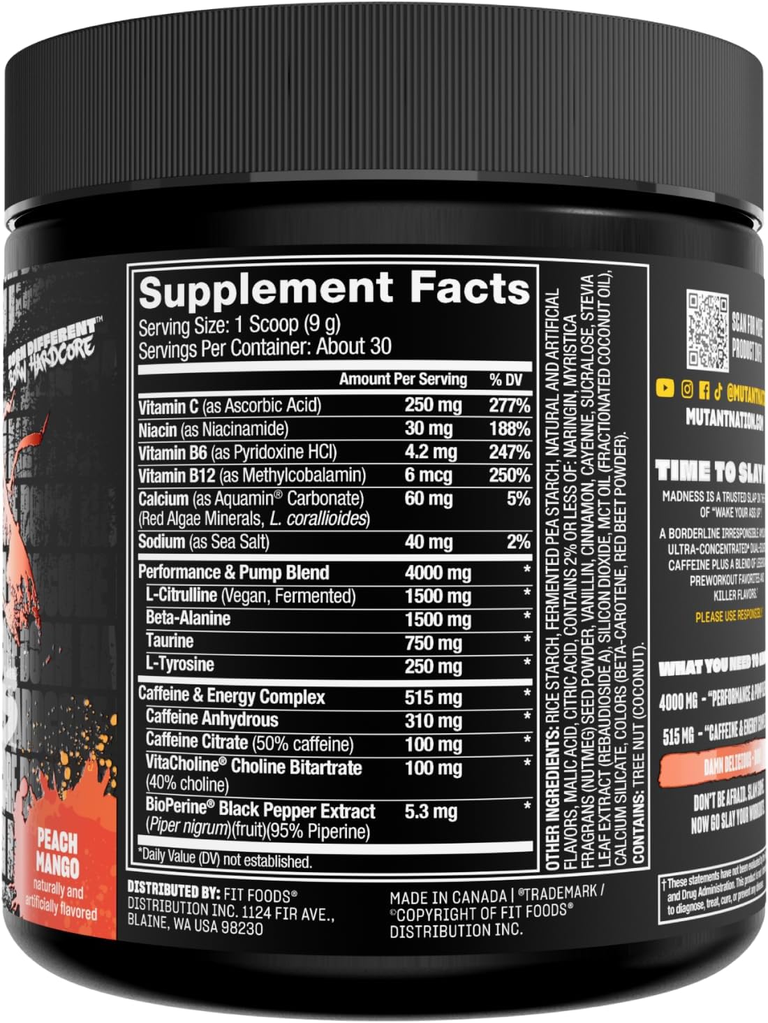 Mutant Madness Pre Workout Powder Supplement with L-Citrulline, Beta-Alanine, Taurine, L-Tyrosine for Performance and Pump - Peach Mango Flavor - 30 Servings