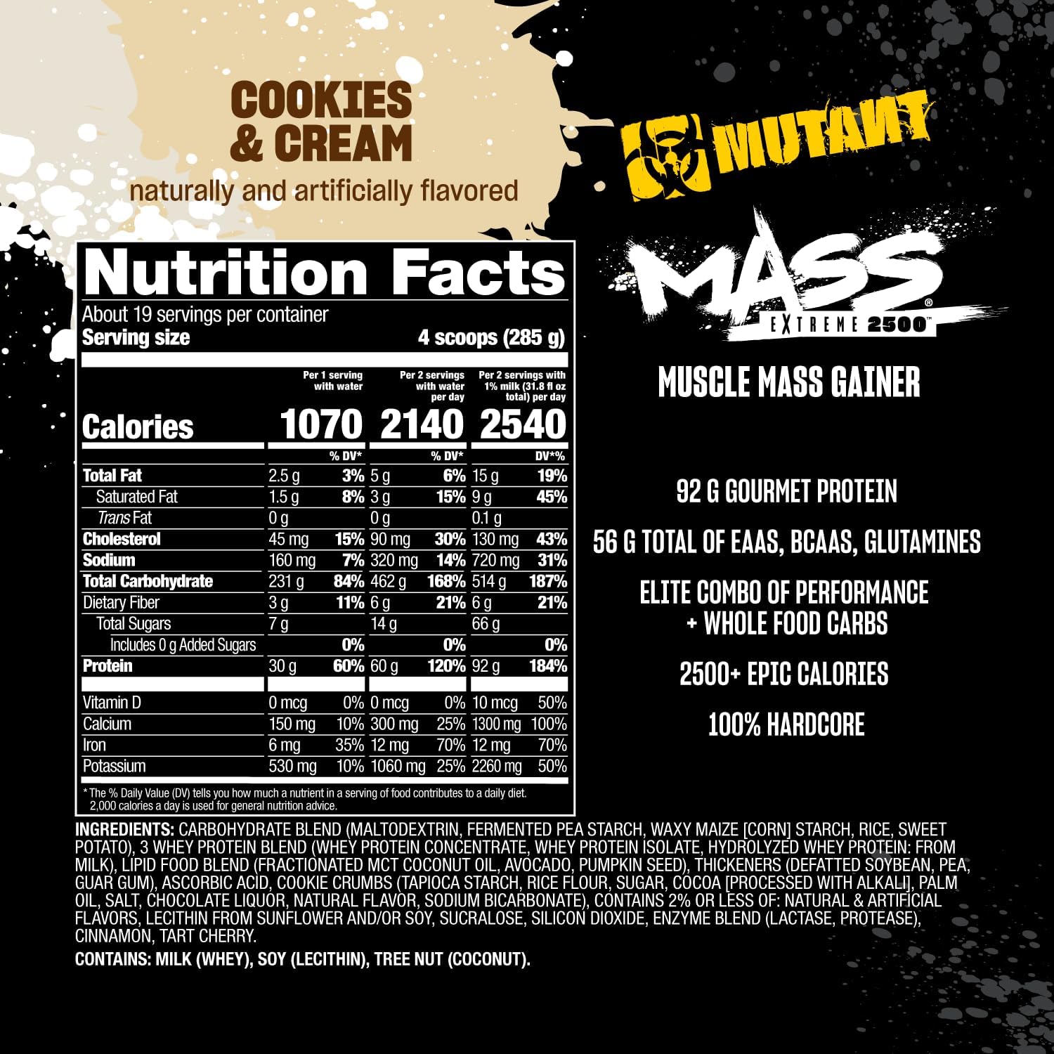 Mutant Mass Extreme Gainer Whey Protein Powder for Muscle Size and Strength - Cookies and Cream Flavor - 12 lbs