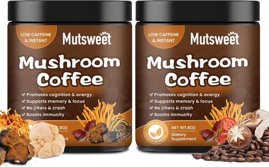 Mutsweet Mushroom Coffee Powder Blend (2 Pack, 57 Servings) with Lions Mane, Reishi, Cordyceps, Turkey Tail, Chaga for Energy, Focus, Immune Support - 8 oz