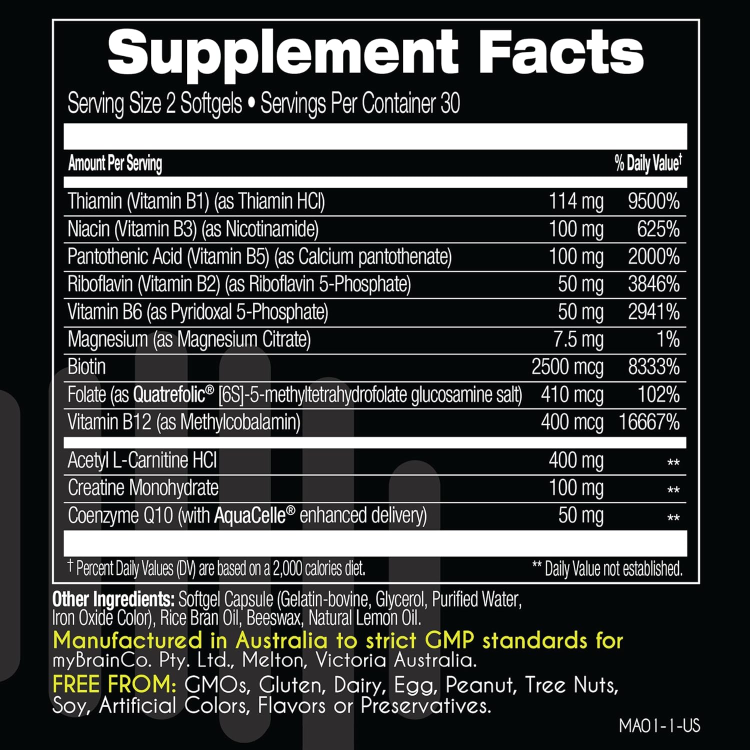 myBrainCo Active-B Complex Supplement - High Strength Vitamin B Complex with Activated B2, B6, B12, and Methyl-Folate - Supports Energy and Cognitive Function - 60 Vege-Capsules