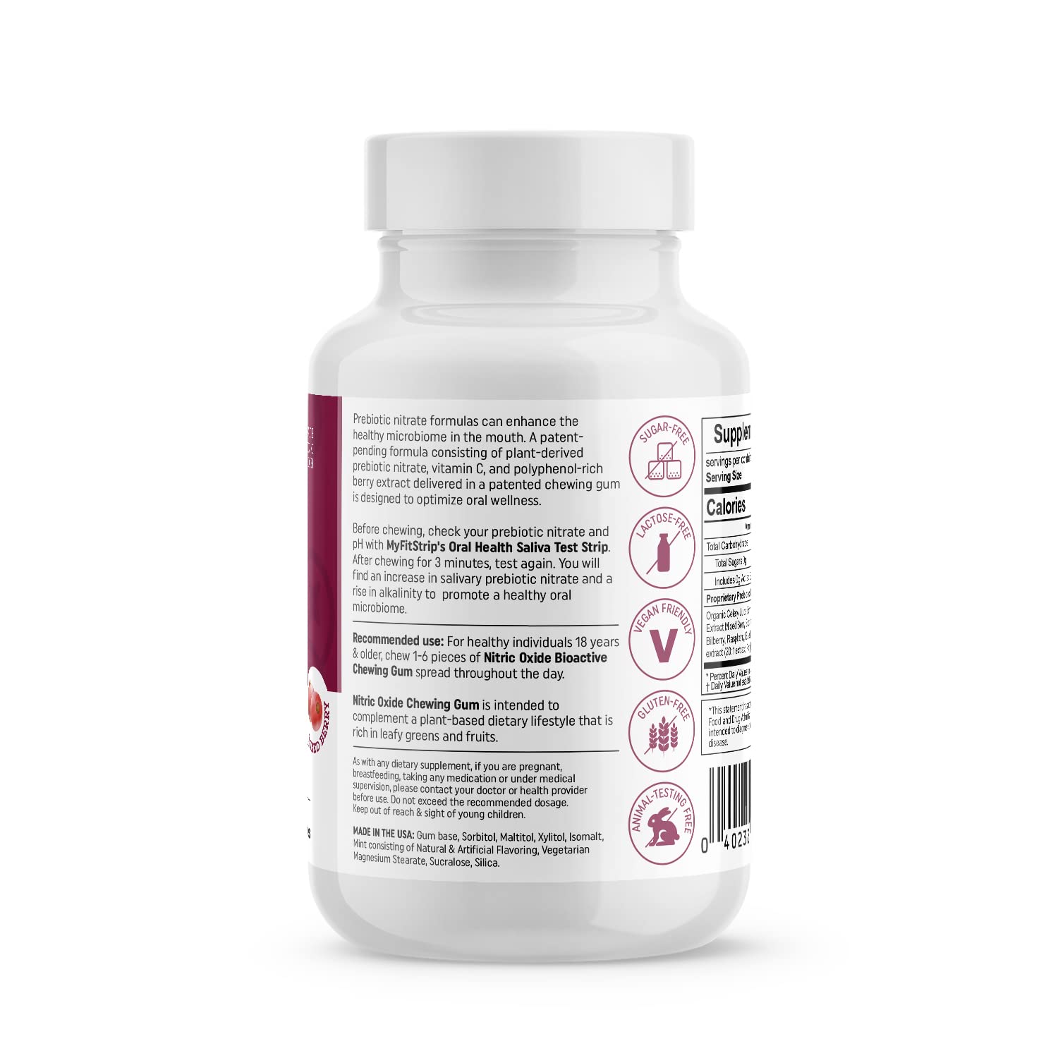 MyFitStrip Plant-Based Prebiotic Nitric Oxide Chewing Gum with Organic Leafy Celery Greens, Acerola Berry, Dark Berries, and Xylitol - 30 Tablets