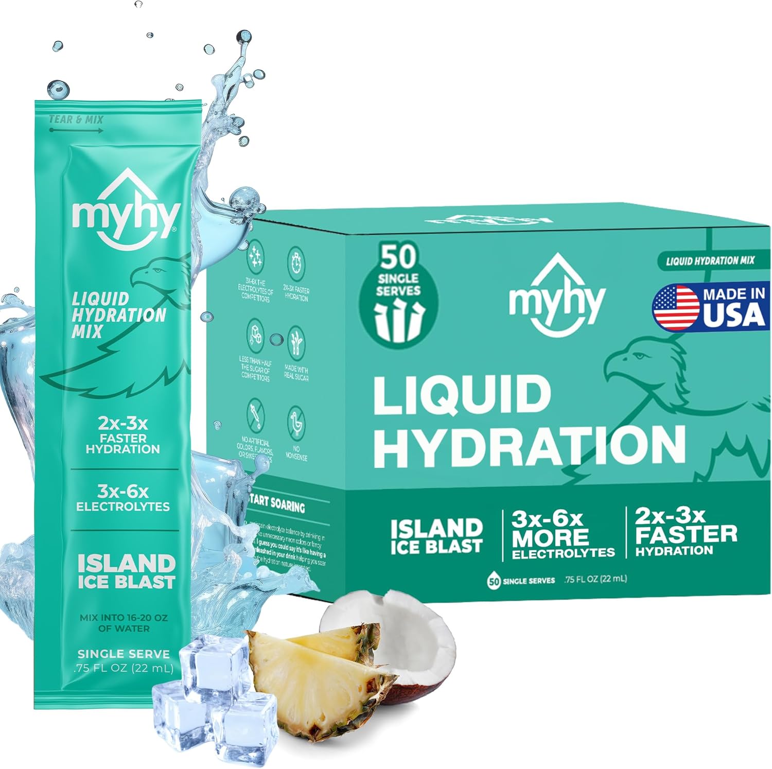 MyHy Liquid Electrolyte Drink Mix Packets for Adults & Kids - Island Ice Flavor, 50 Count