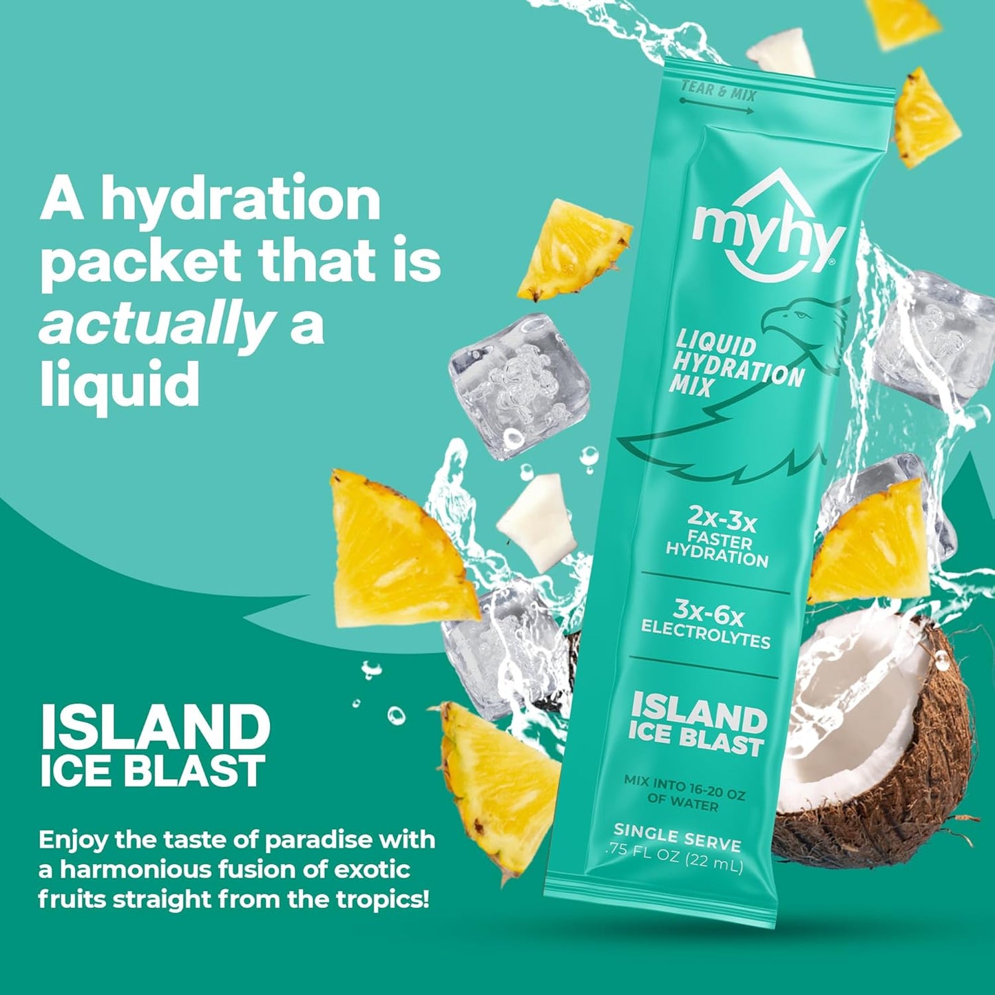 MyHy Liquid Electrolyte Drink Mix Packets for Adults & Kids - Island Ice Flavor, 50 Count