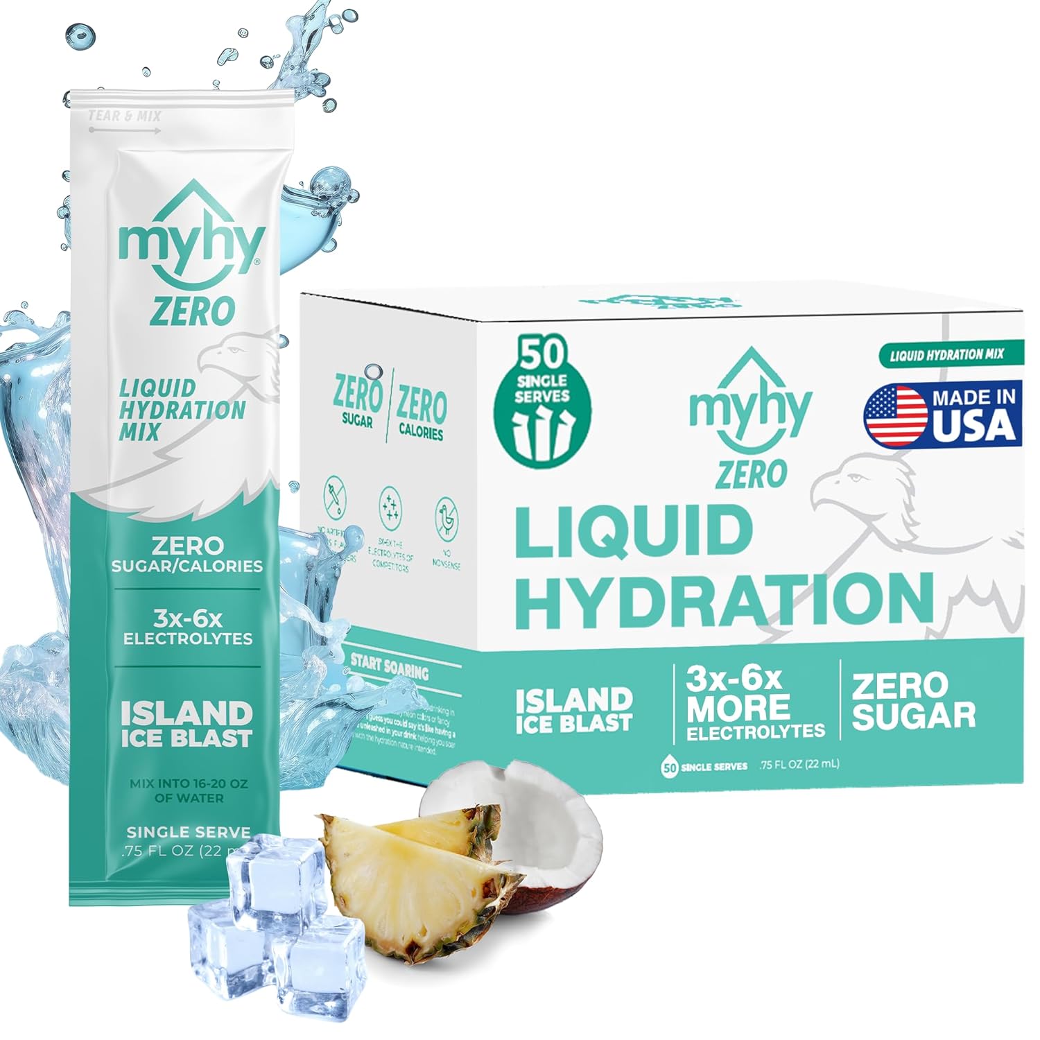 MyHy Zero Sugar Electrolyte Drink Mix Packets for Adults & Kids - Island Ice Flavor, 50 Count - Dehydration Relief for Travel, Pregnancy, Sports, Hangovers