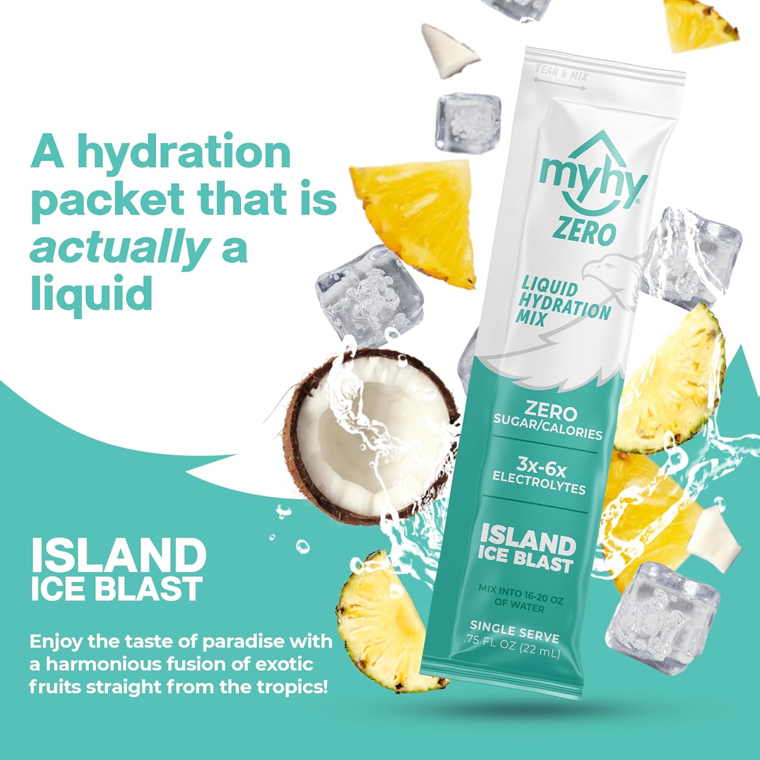 MyHy Zero Sugar Electrolyte Drink Mix Packets for Adults & Kids - Island Ice Flavor, 50 Count - Dehydration Relief for Travel, Pregnancy, Sports, Hangovers