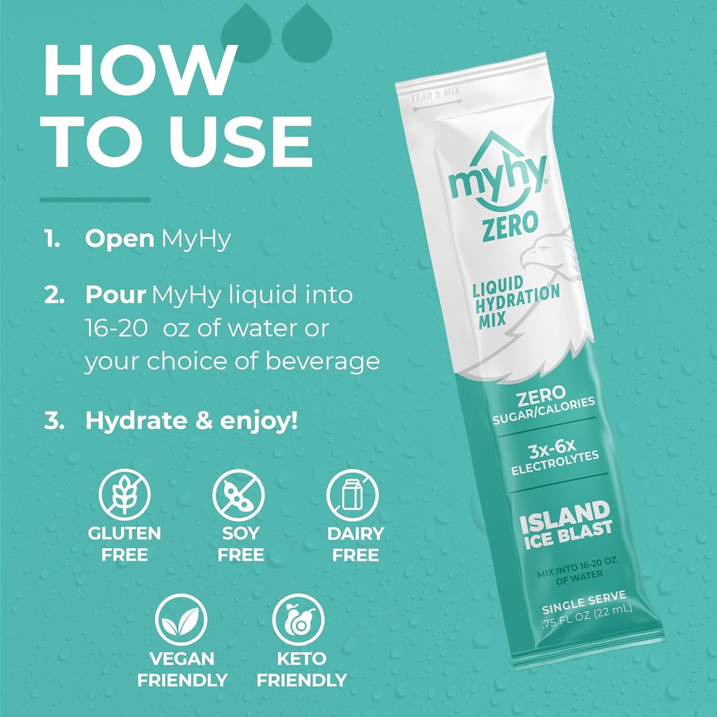 MyHy Zero Sugar Electrolyte Drink Mix Packets for Adults & Kids - Island Ice Flavor, 50 Count - Dehydration Relief for Travel, Pregnancy, Sports, Hangovers