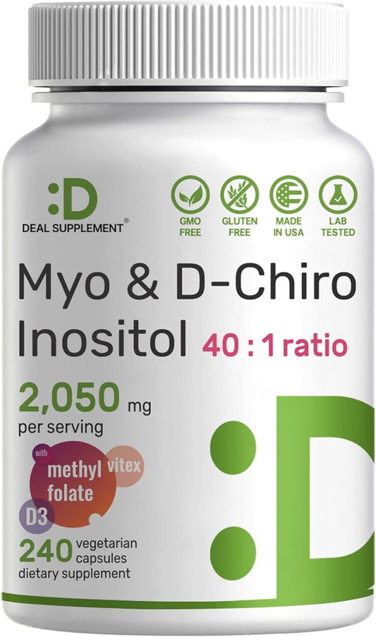 Myo-Inositol & D-Chiro Inositol Supplement 40:1 Ratio, 2,050mg - 240 Veg Caps - Folate, Vitamin D3, Vitex - Women's Health - Non-GMO