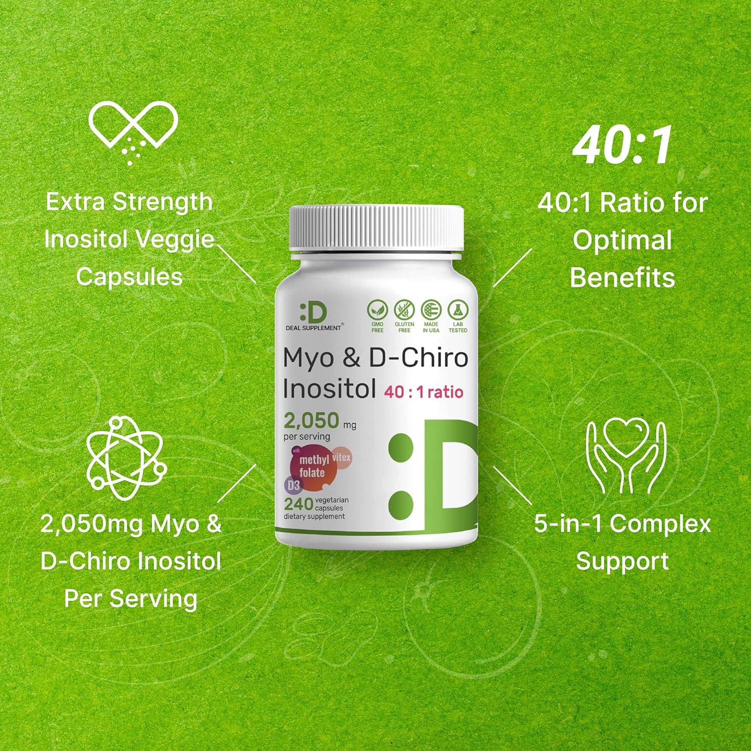 Myo-Inositol & D-Chiro Inositol Supplement 40:1 Ratio, 2,050mg - 240 Veg Caps - Folate, Vitamin D3, Vitex - Women's Health - Non-GMO